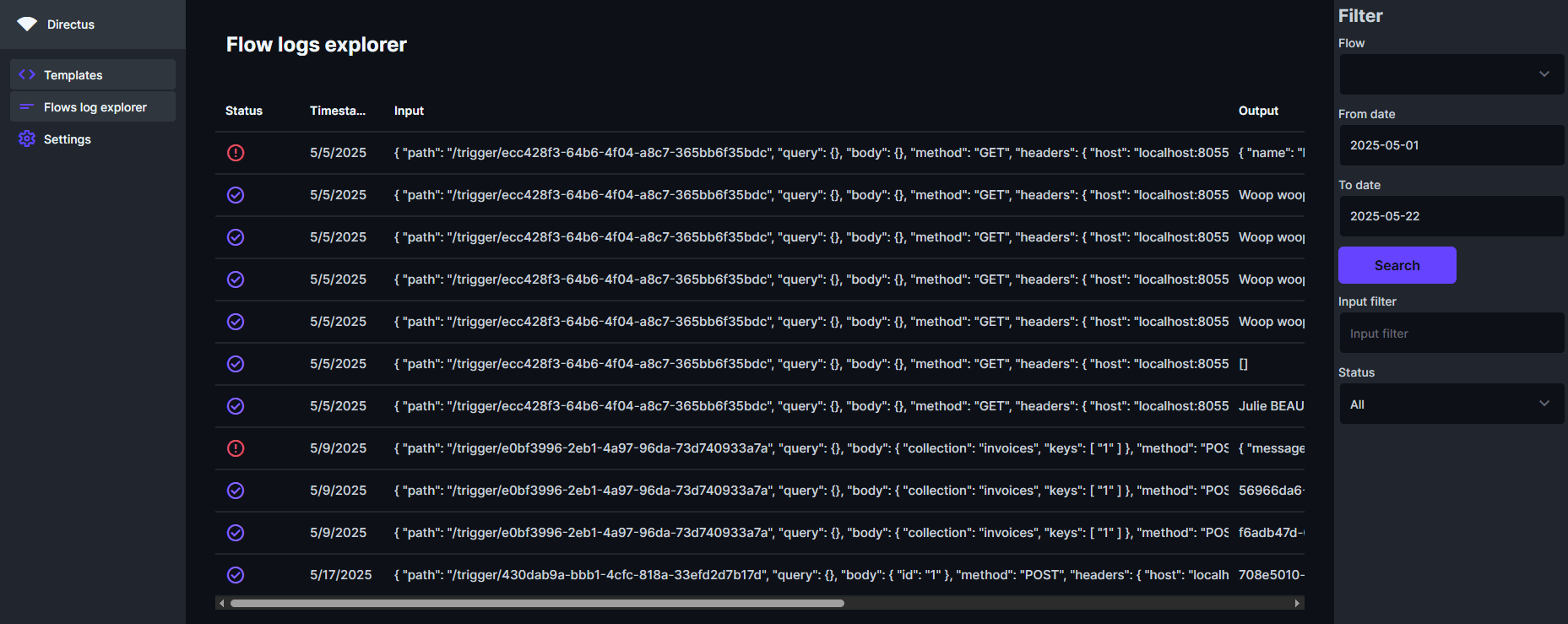 Directus Flow logs explorer overview
